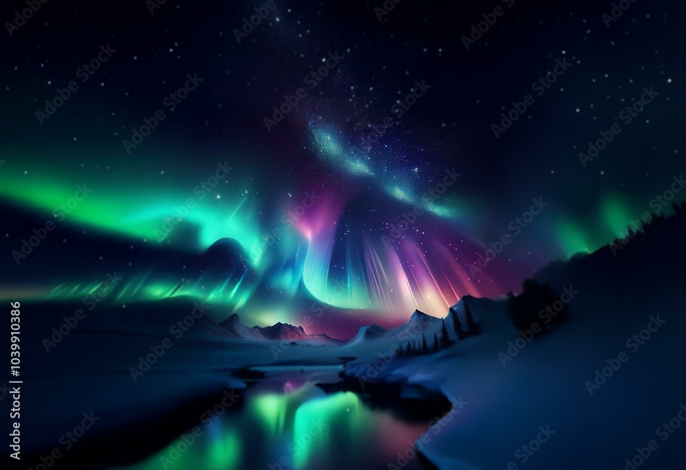 Vibrant aurora borealis illuminates a snowy landscape under a starry sky.