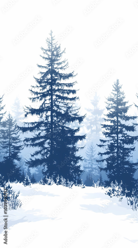 Fototapeta premium Winter forest silhouettes of fir trees and spruces with wood tree background.