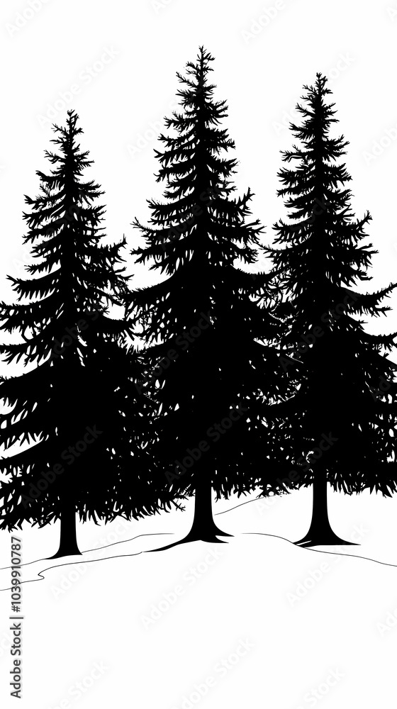 Obraz premium Winter forest silhouettes of fir trees and spruces with wood tree background.