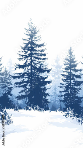 Winter forest silhouettes of fir trees and spruces with wood tree background.