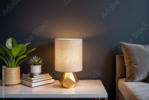 Stylish modern table lamp with a golden geometric base on the table in a cozy living room at night with copy space.