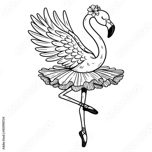 elegant flamingo wearing a tutu ballet skirt, dancing flamingo sketch