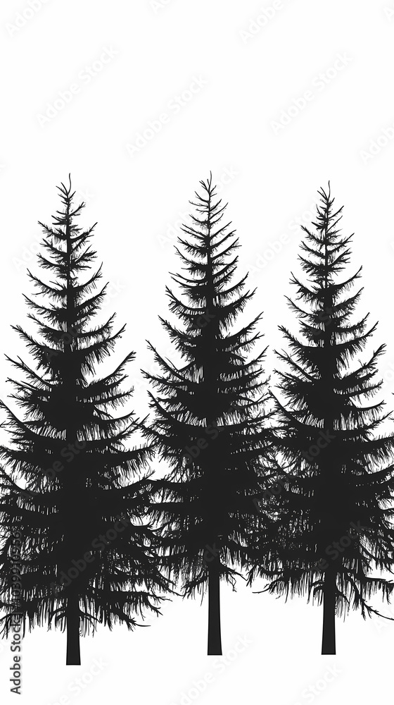 Obraz premium Winter forest silhouettes of fir trees and spruces with wood tree background.