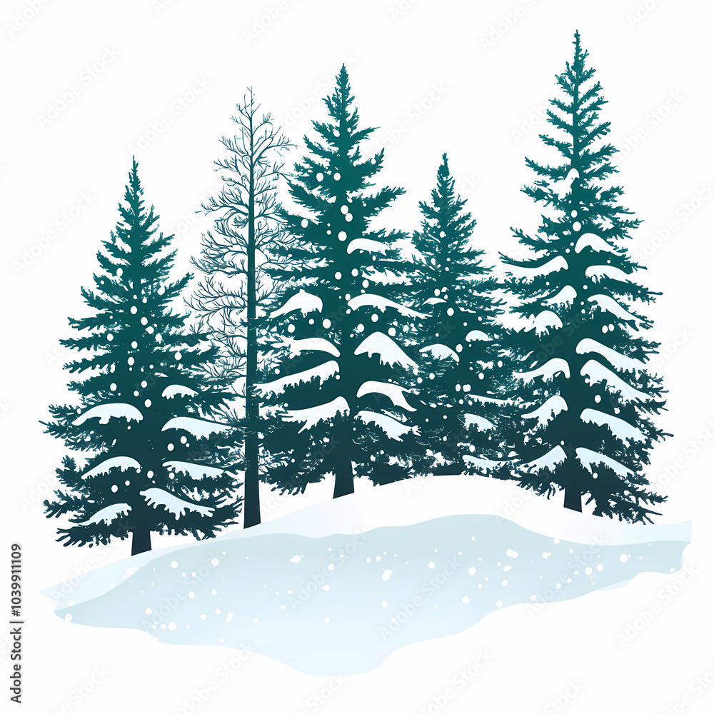 Fototapeta premium Winter forest silhouettes of fir trees and spruces with wood tree background.