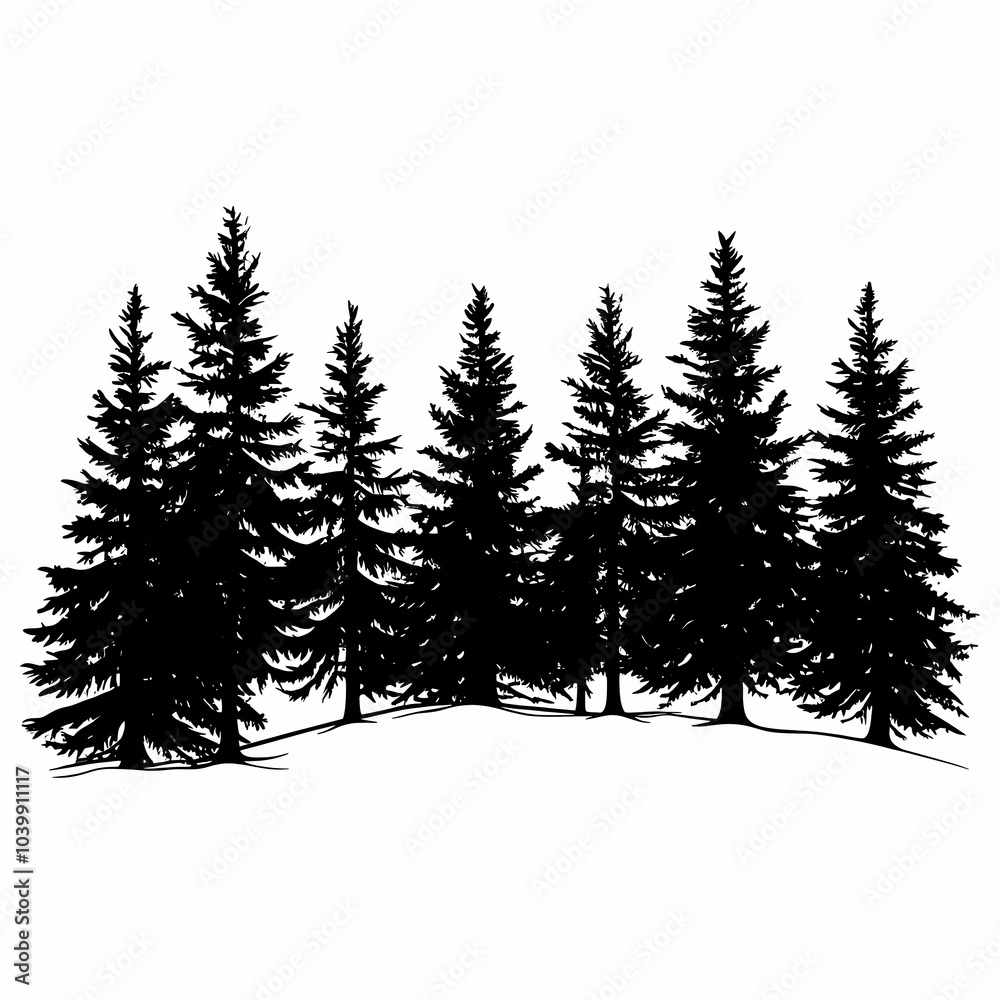 Obraz premium Winter forest silhouettes of fir trees and spruces with wood tree background.