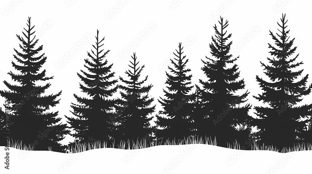 Obraz premium Winter forest silhouettes of fir trees and spruces with wood tree background.