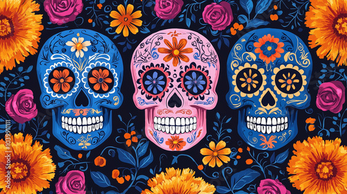 Día de los Muertos Celebration with Vibrant Sugar Skulls and Flowers