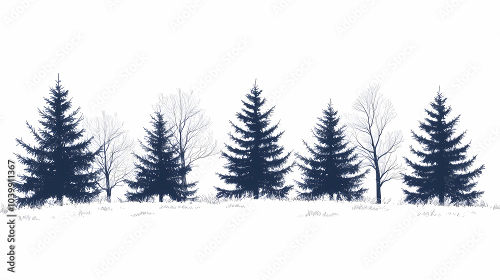 Obraz premium Winter forest silhouettes of fir trees and spruces with wood tree background.