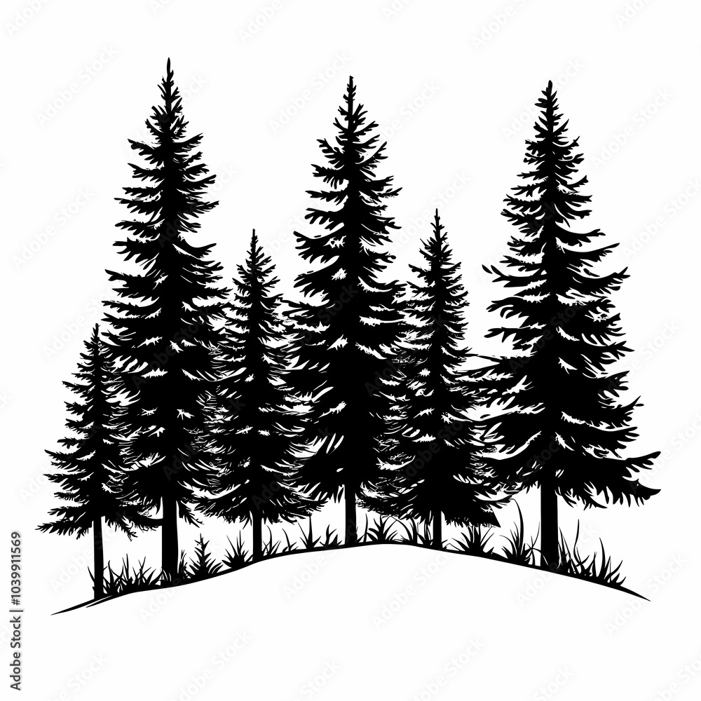 Obraz premium Winter forest silhouettes of fir trees and spruces with wood tree background.