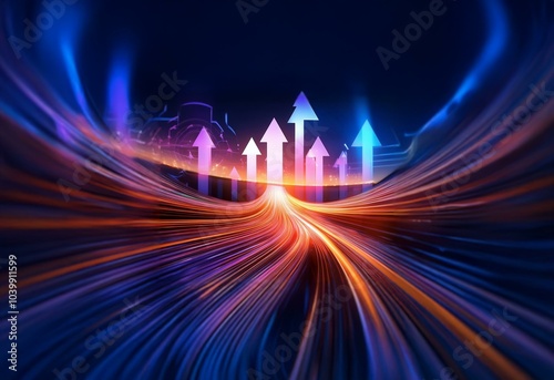 Abstract image of glowing lines converging in a tunnel with multiple arrows pointing upwards. photo