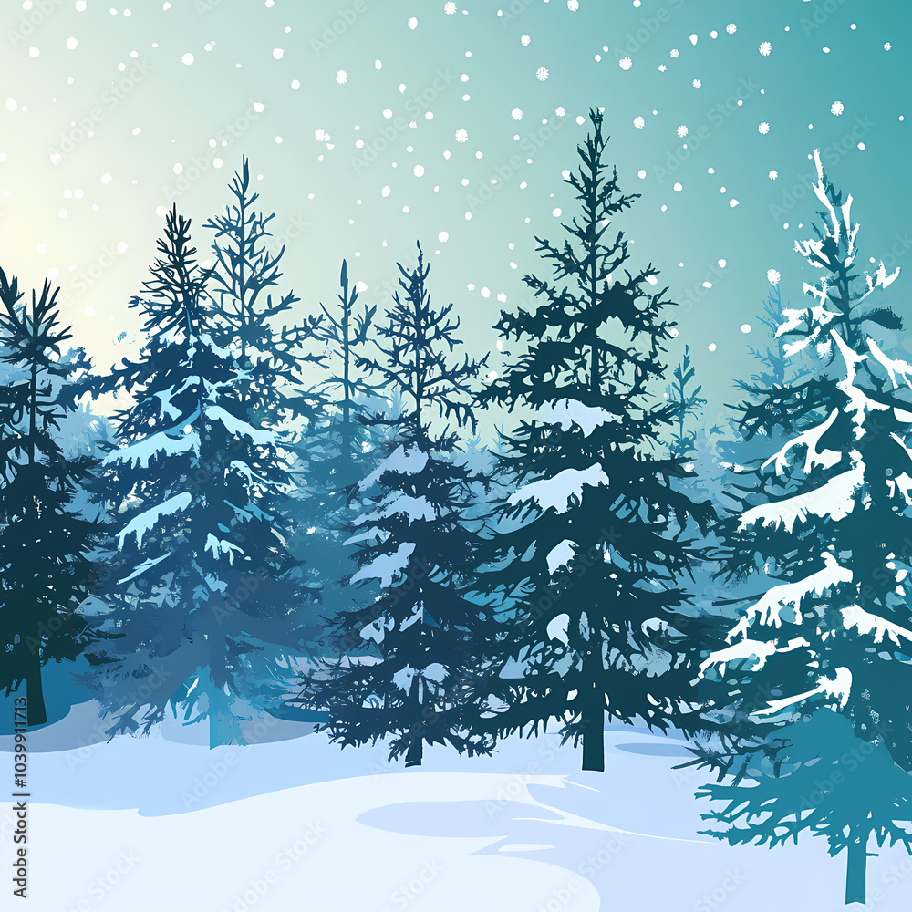 Obraz premium Winter forest silhouettes of fir trees and spruces with wood tree background.