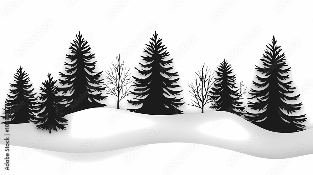 Obraz premium Winter forest silhouettes of fir trees and spruces with wood tree background.