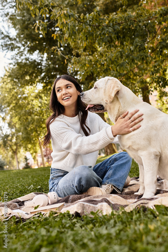 Fototapeta premium A young woman in cozy attire joyfully interacts with her dog in a sunlit park.