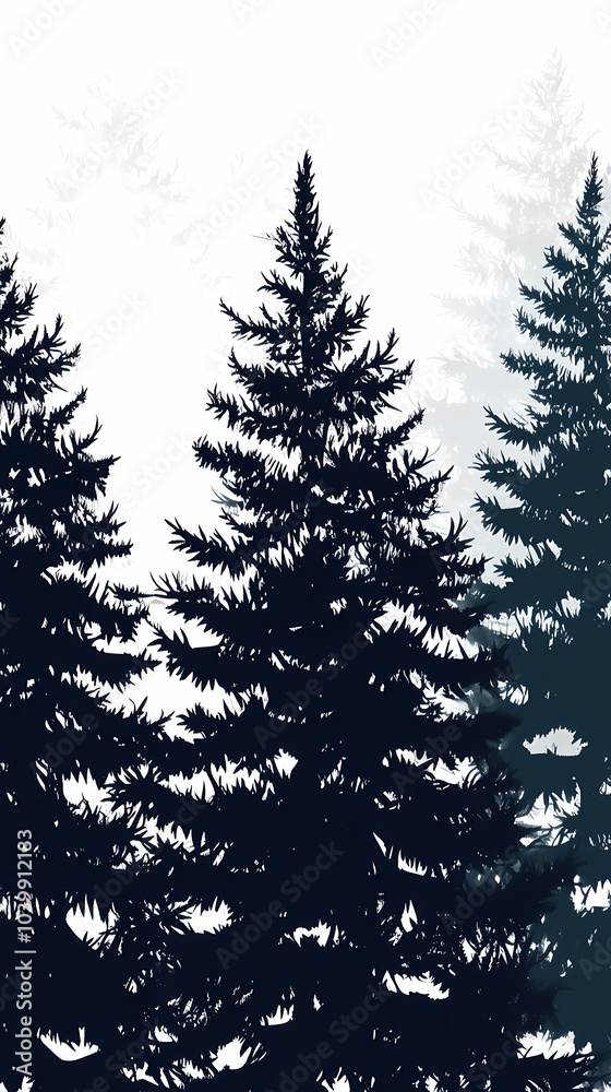 Obraz premium Winter forest silhouettes of fir trees and spruces with wood tree background.