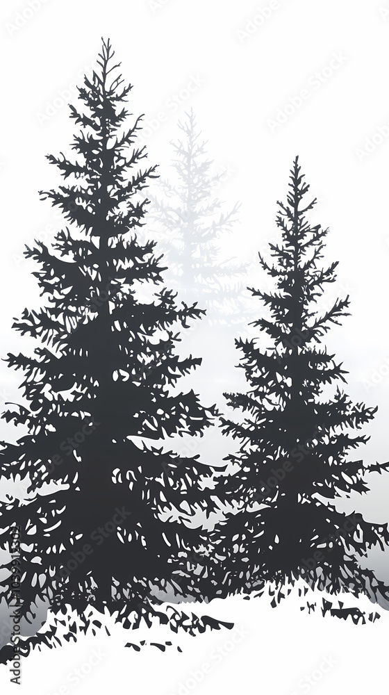 Obraz premium Winter forest silhouettes of fir trees and spruces with wood tree background.
