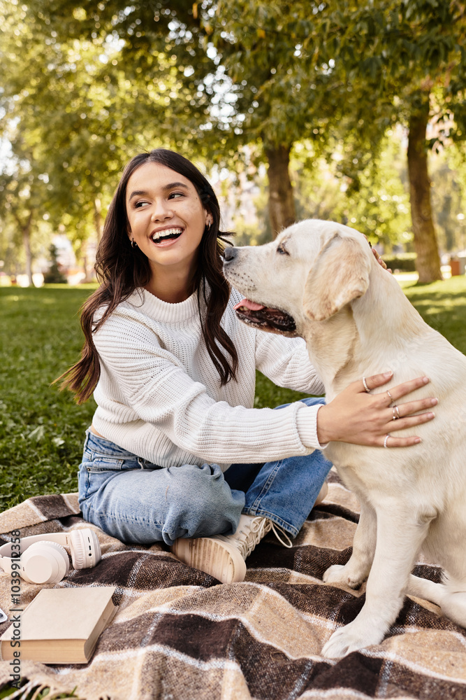 A young woman enjoys quality time with her dog in a cozy park surrounded by autumn leaves. A young woman enjoys quality time with her dog in a cozy park surrounded by autumn leaves.