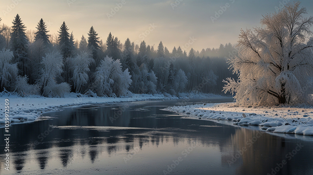 Winter Landscape with Snow-Covered Trees and River Winter Landscape with Snow-Covered Trees and River