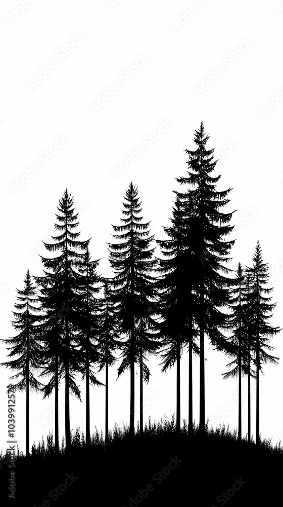 Obraz premium Winter forest silhouettes of fir trees and spruces with wood tree background.