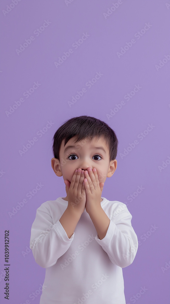 The advertisement will be about how to wean a child of Kazakh nationality from biting. Photo of a 3-year-old Kazakh boy covering his mouth with his hands. Clean lilac background and space for text The advertisement will be about how to wean a child of Kazakh nationality from biting. Photo of a 3-year-old Kazakh boy covering his mouth with his hands. Clean lilac background and space for text