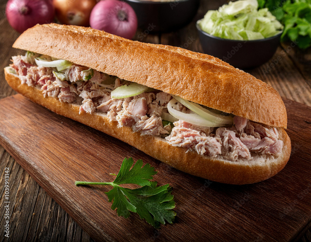 Tuna salad sandwich with onion, celery, parsley in baguette on wooden cutting board Tuna salad sandwich with onion, celery, parsley in baguette on wooden cutting board