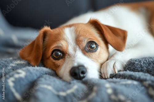 A cute dog with expressive eyes rests comfortably on a plush blanket, epitomizing relaxation and warmth.