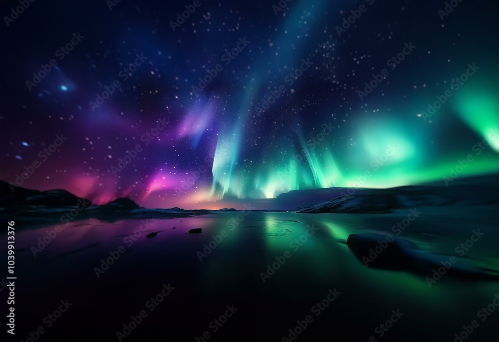 Aurora Borealis casting a vibrant display of green and pink light over a frozen lake and mountains. Aurora Borealis casting a vibrant display of green and pink light over a frozen lake and mountains.