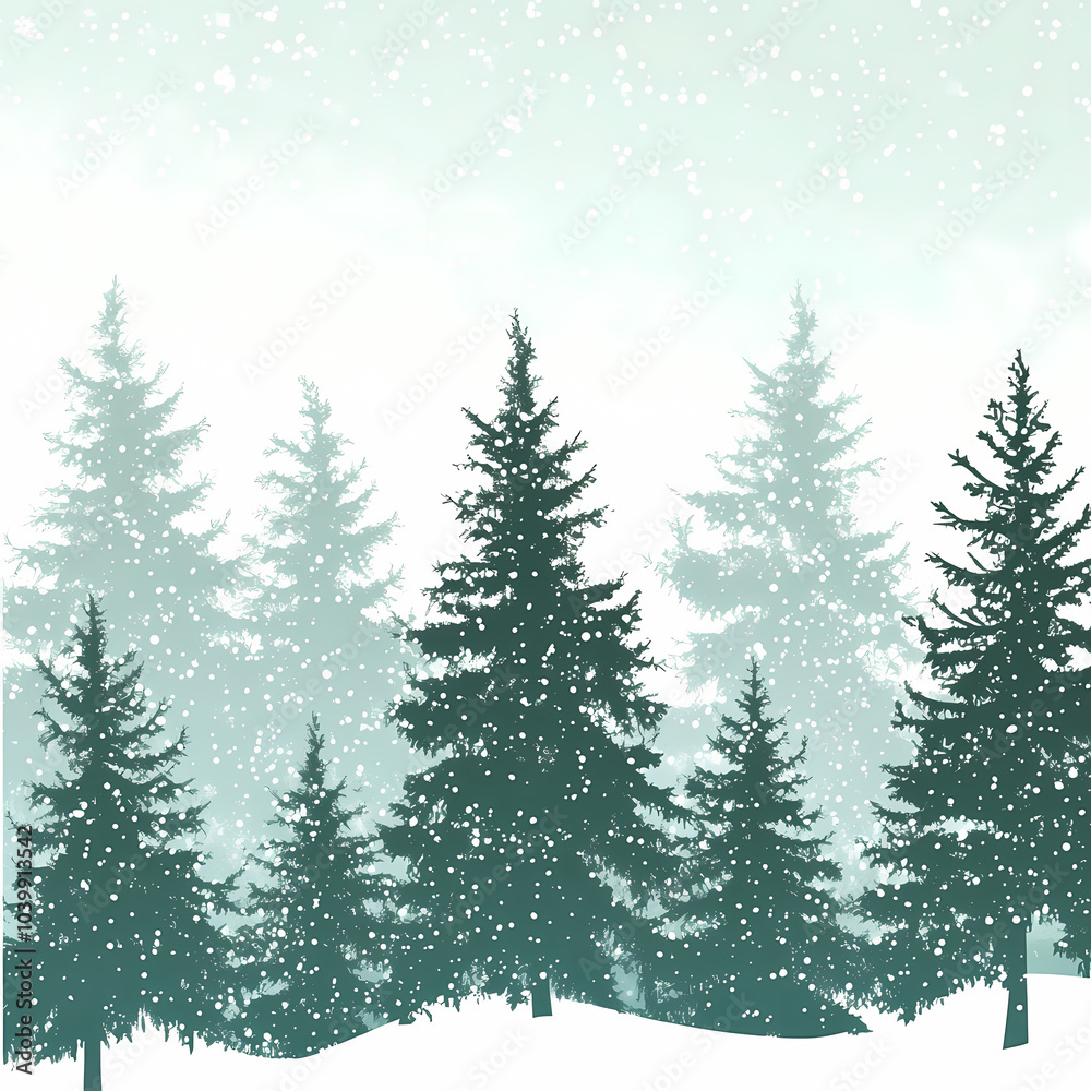 Fototapeta premium Winter forest silhouettes of fir trees and spruces with wood tree background.