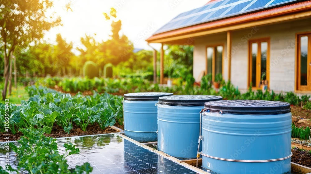 Solar panels and blue barrels in a sunny garden setting, with fresh green plants. Solar panels and blue barrels in a sunny garden setting, with fresh green plants.