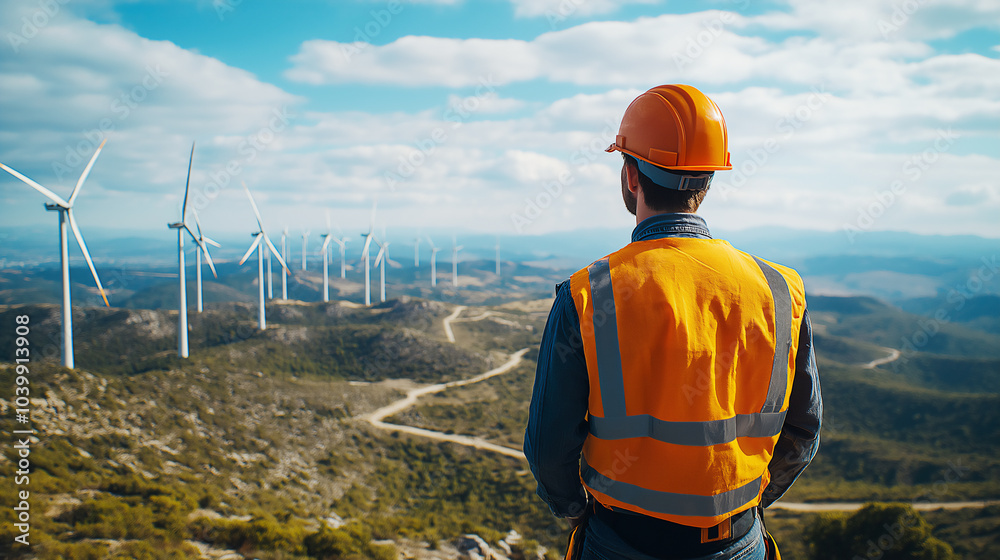 Engineer standing on top of a wind turbine nacelle. Engineer standing on top of a wind turbine nacelle.