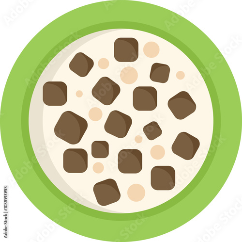 Green bowl is filled with square cereal pieces and milk for a healthy and nutritious breakfast