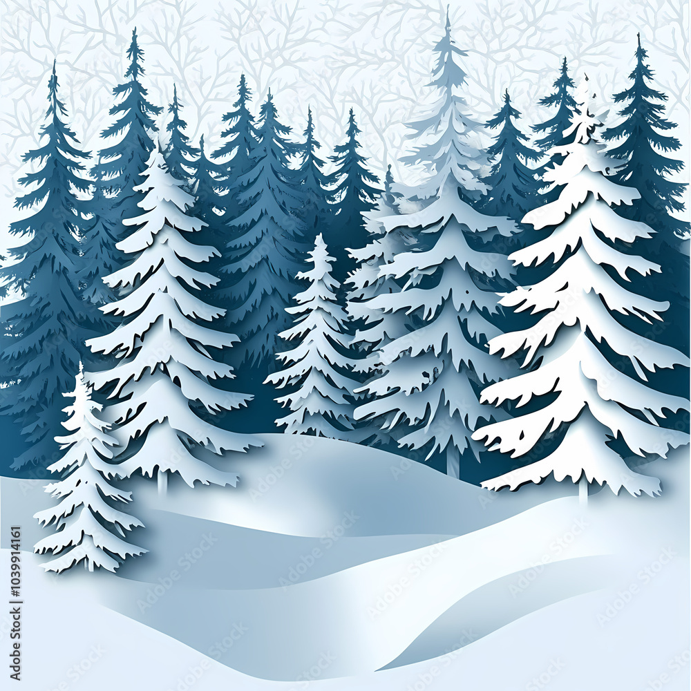 Obraz premium Winter forest silhouettes of fir trees and spruces with wood tree background.