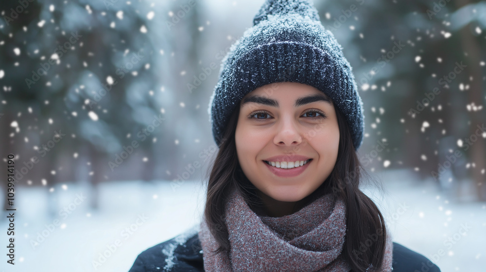 Young woman in winter snow portrait, wearing beanie hat and scarf, outdoors in cold, warmth clothing, copy space, smile in cozy fashion snowy forest nature