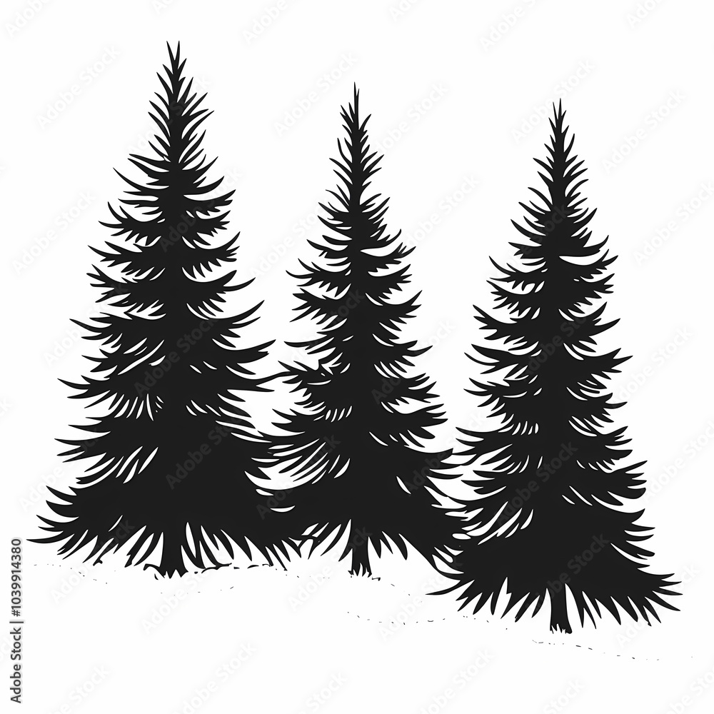 Winter forest silhouettes of fir trees and spruces with wood tree background.