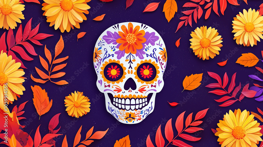 Día de los Muertos Skull with Floral Designs and Autumn Leaves Día de los Muertos Skull with Floral Designs and Autumn Leaves
