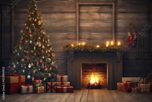 Christmas background christmas fireplace hearth. photo