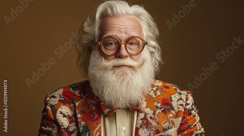 A man with a beard and glasses is wearing a colorful outfit
