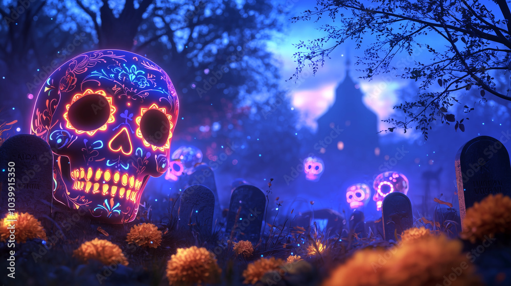 Mystical Graveyard with Glowing Sugar Skulls in Enchanted Forest
