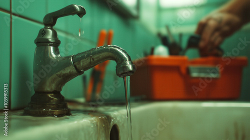 Close-up of a dripping faucet in a vintage bathroom setting photo