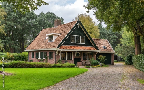 A charming green and brick house surrounded by trees and a well-maintained garden pathway.