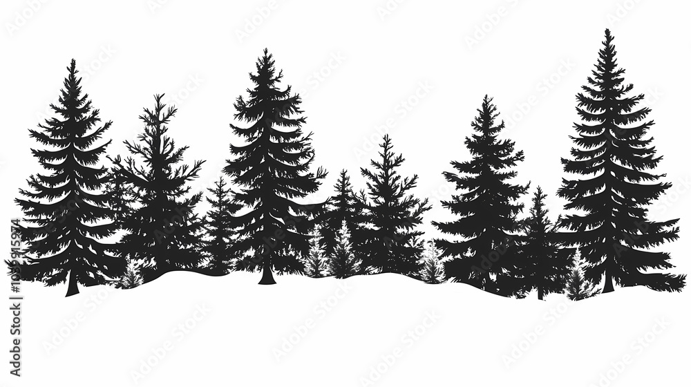 Fototapeta premium Winter forest silhouettes of fir trees and spruces with wood tree background.
