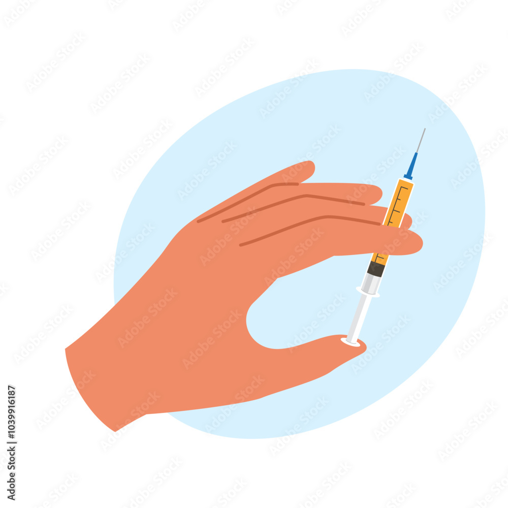Hands holding a syringe with liquid for injection. Medical procedure illustration Hands holding a syringe with liquid for injection. Medical procedure illustration