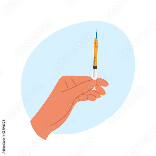 Hand holding a syringe with medical liquid. Health care and vaccination illustration