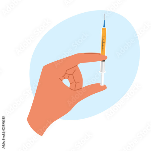 Hand handling a syringe with liquid for a medical procedure. Health care
