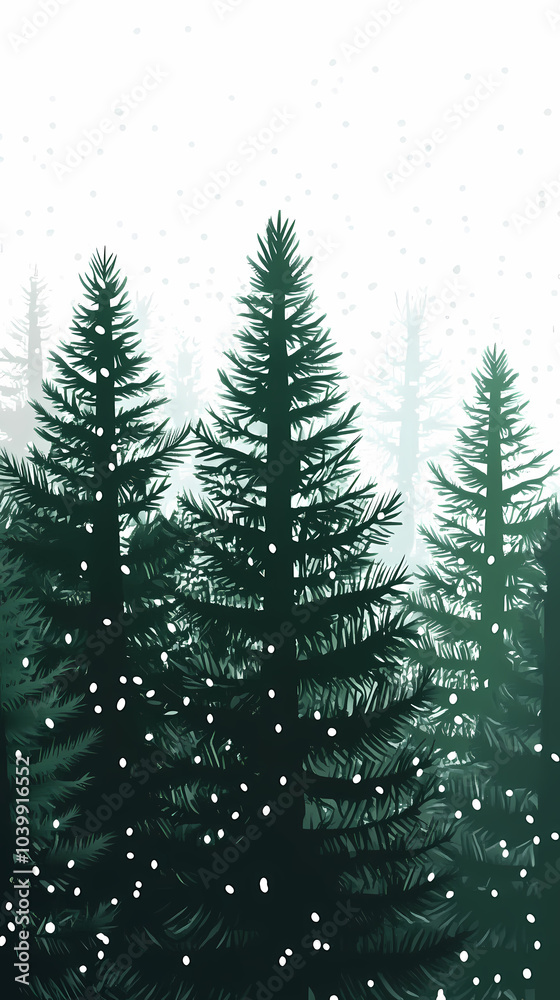 Obraz premium Winter forest silhouettes of fir trees and spruces with wood tree background.