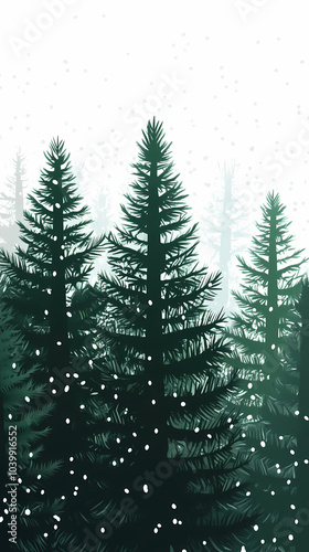 Winter forest silhouettes of fir trees and spruces with wood tree background.