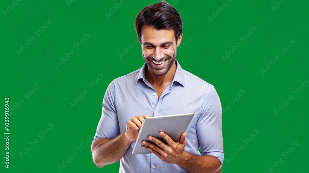 Young man smiling while using a tablet in a green background setting Young man smiling while using a tablet in a green background setting
