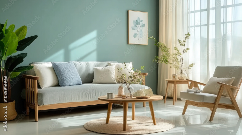 Wooden coffee table and chair. gray sofa against green wall Wooden coffee table and chair. gray sofa against green wall