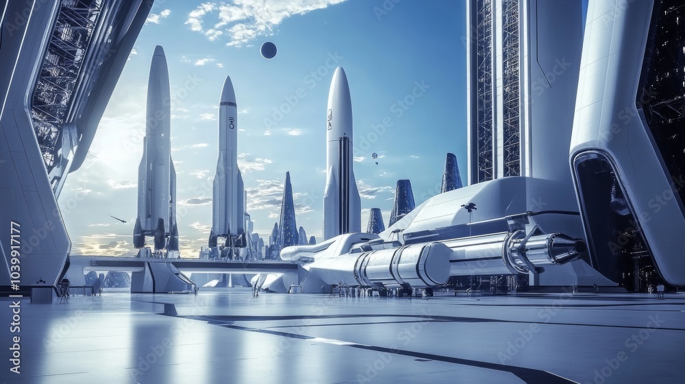 A futuristic space tourism launch facility with spacecrafts and commercial spaceflight preparations, Space style, photo of A futuristic space tourism launch facility with spacecrafts and commercial spaceflight preparations, Space style, photo of