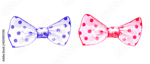 Cute polka dot bow ties isolated on white. Vector watercolor illustration of bows