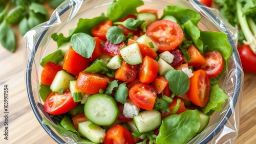 Fresh salad with tomatoes, cucumbers, and basil.